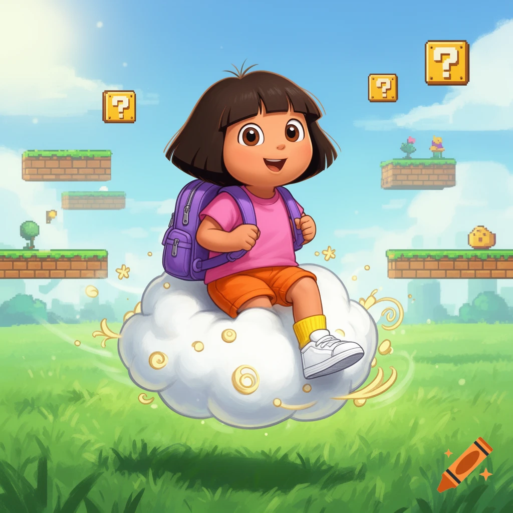 Little Dora the Explorer sits on a fluffy white cloud, wearing a pink shirt and orange shorts, in a cartoon world with pixelated Super Mario platforms and question mark blocks.