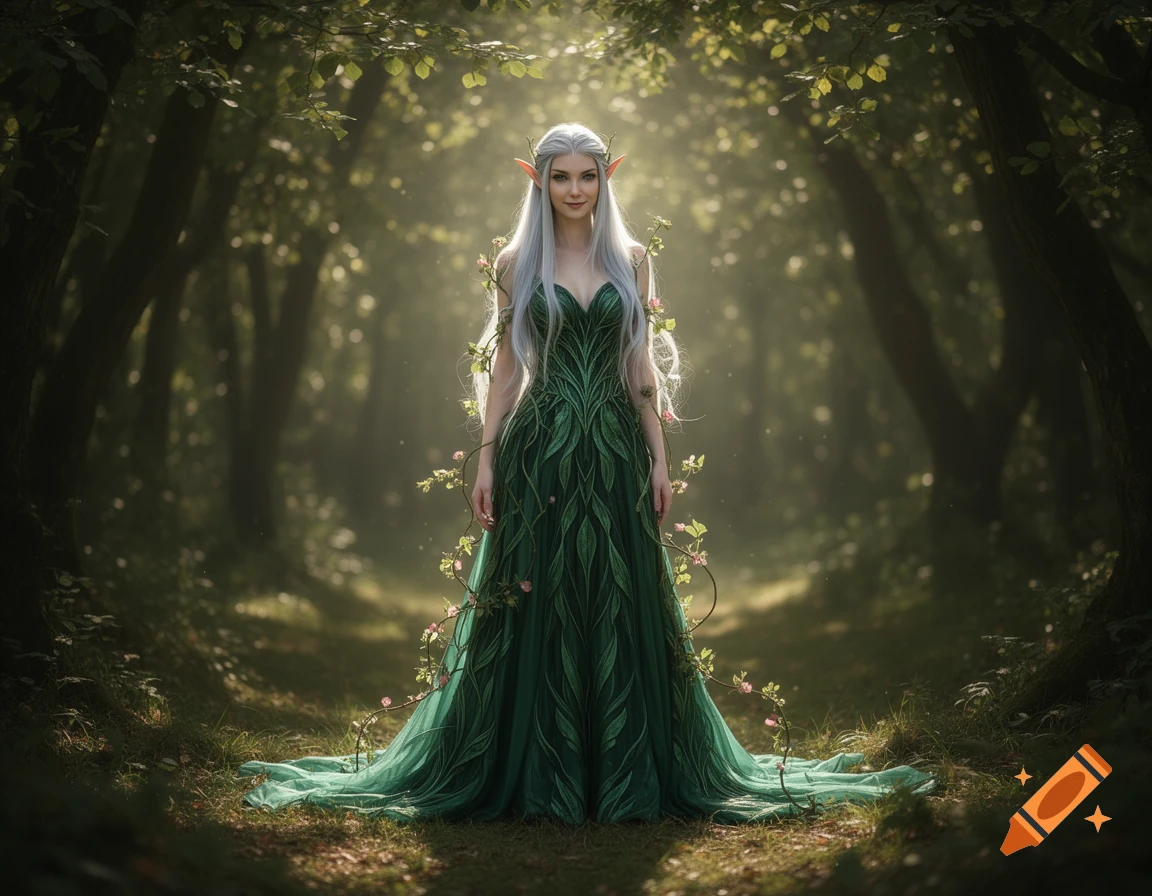 A beautiful female elf with long silver hair, pointy ears, and a flowing green leaf-like dress stands in a sun-dappled forest.