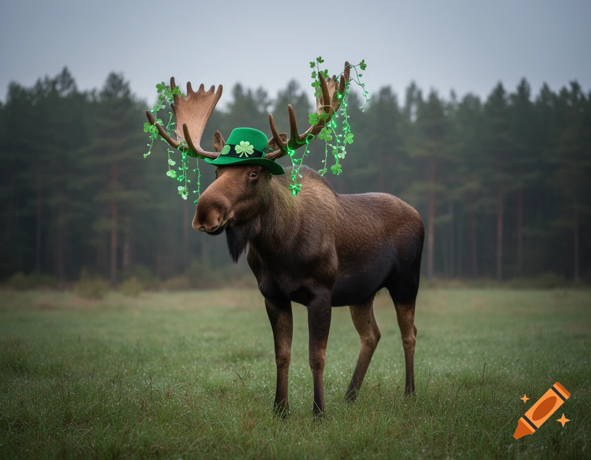 A photorealistic moose stands in a grassy field, wearing a green St. Patrick's Day hat and shamrock vines on its antlers, with a forest in the background.