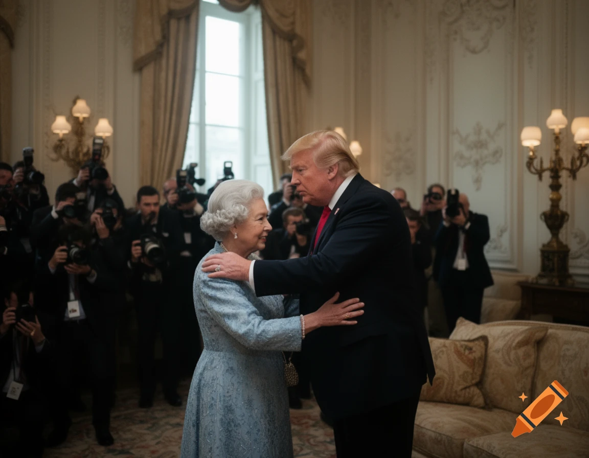 Donald Trump and Queen Elizabeth II embracing in a lavish room, surrounded by photographers.