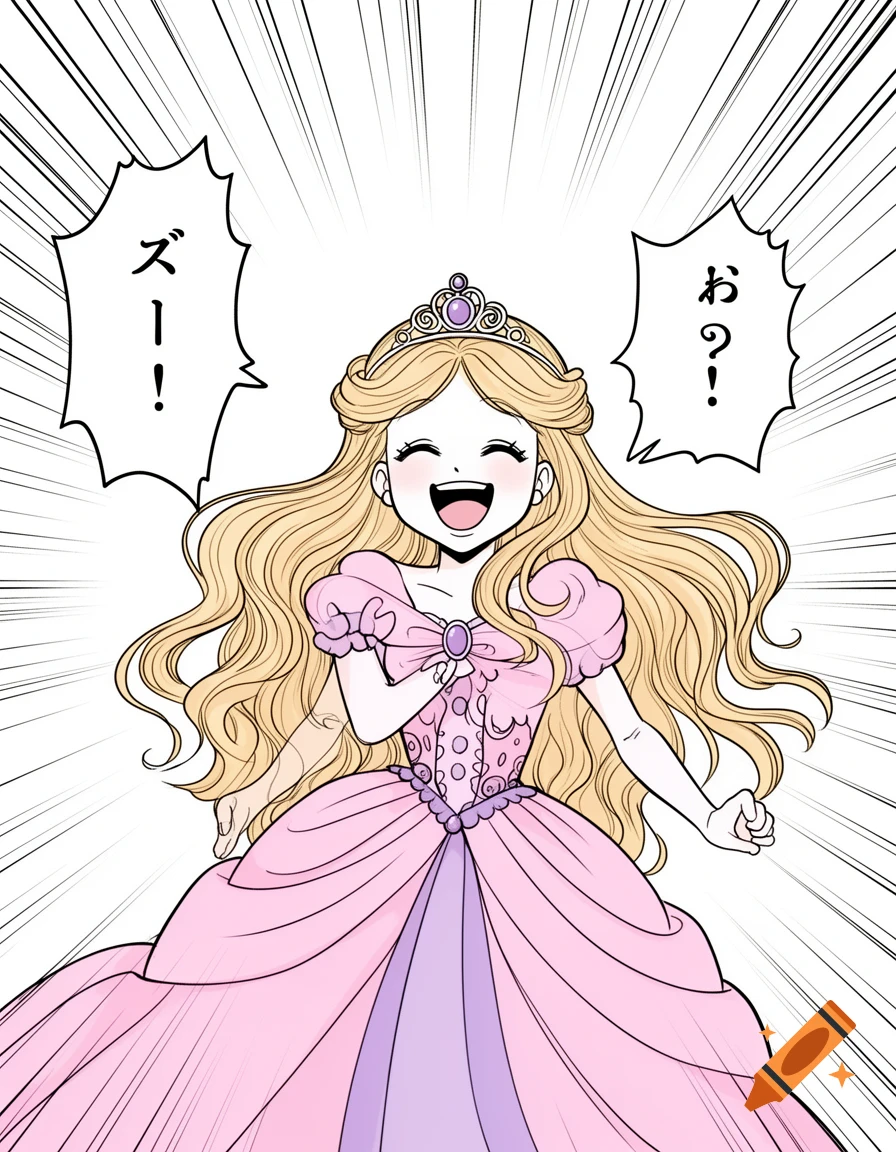 A manga-style blonde princess in a pink dress and crown laughs happily with speech bubbles and speed lines in the background.