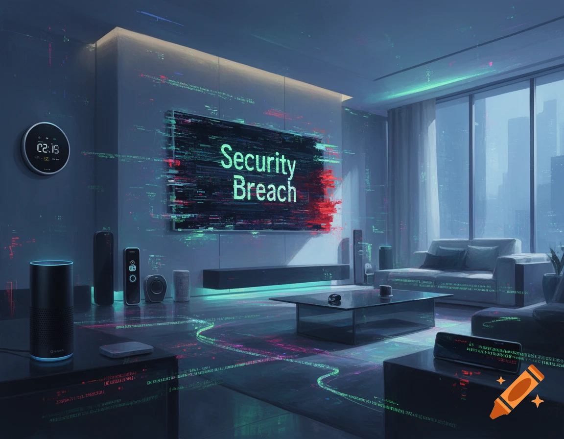 A futuristic smart home living room at night, with a TV displaying 'Security Breach' and glowing digital data streams.