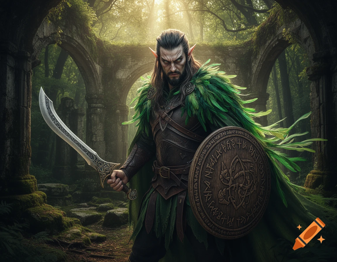 A fierce half-elf druid in leather armor and a green feathered cloak holds an ornate scimitar and a wooden shield in forest ruins with sunlight streaming through the trees.