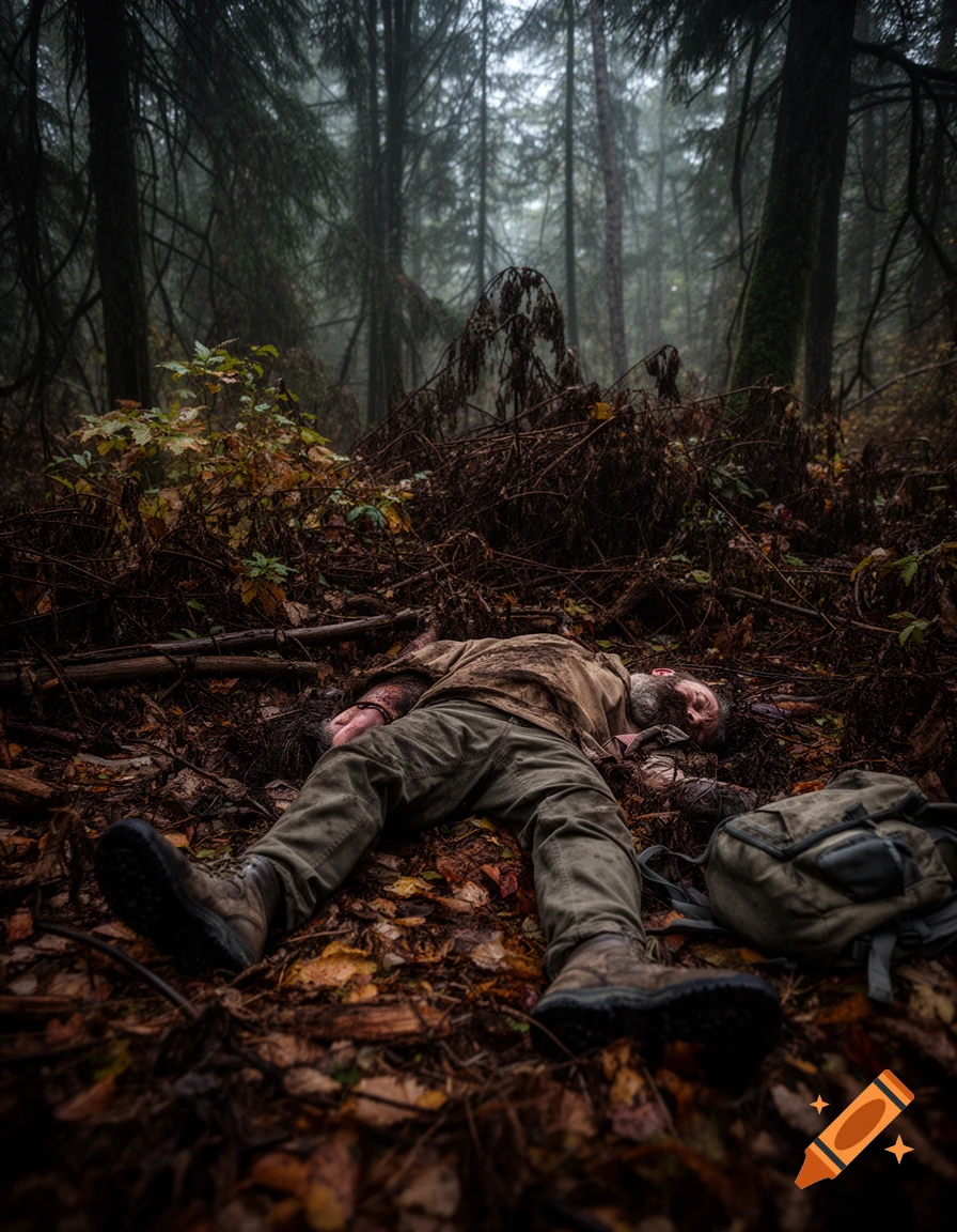 A man in tactical clothing lies on the ground amidst fallen leaves and branches in a dark, misty forest, a backpack beside him.