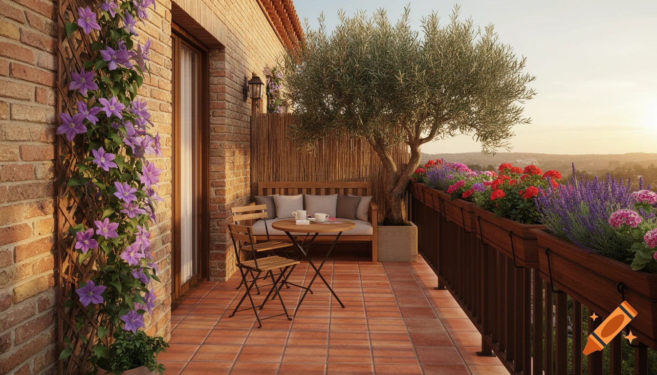 A photorealistic apartment balcony with terracotta tiles, brick wall, purple clematis, wooden bench, bistro table, and flower boxes with lavender and geraniums, illuminated by warm evening sunlight.