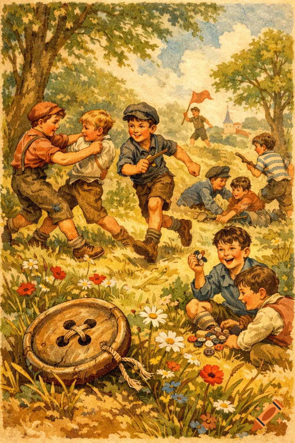 Vintage children's book illustration of boys playing in a field with a giant button in the foreground.