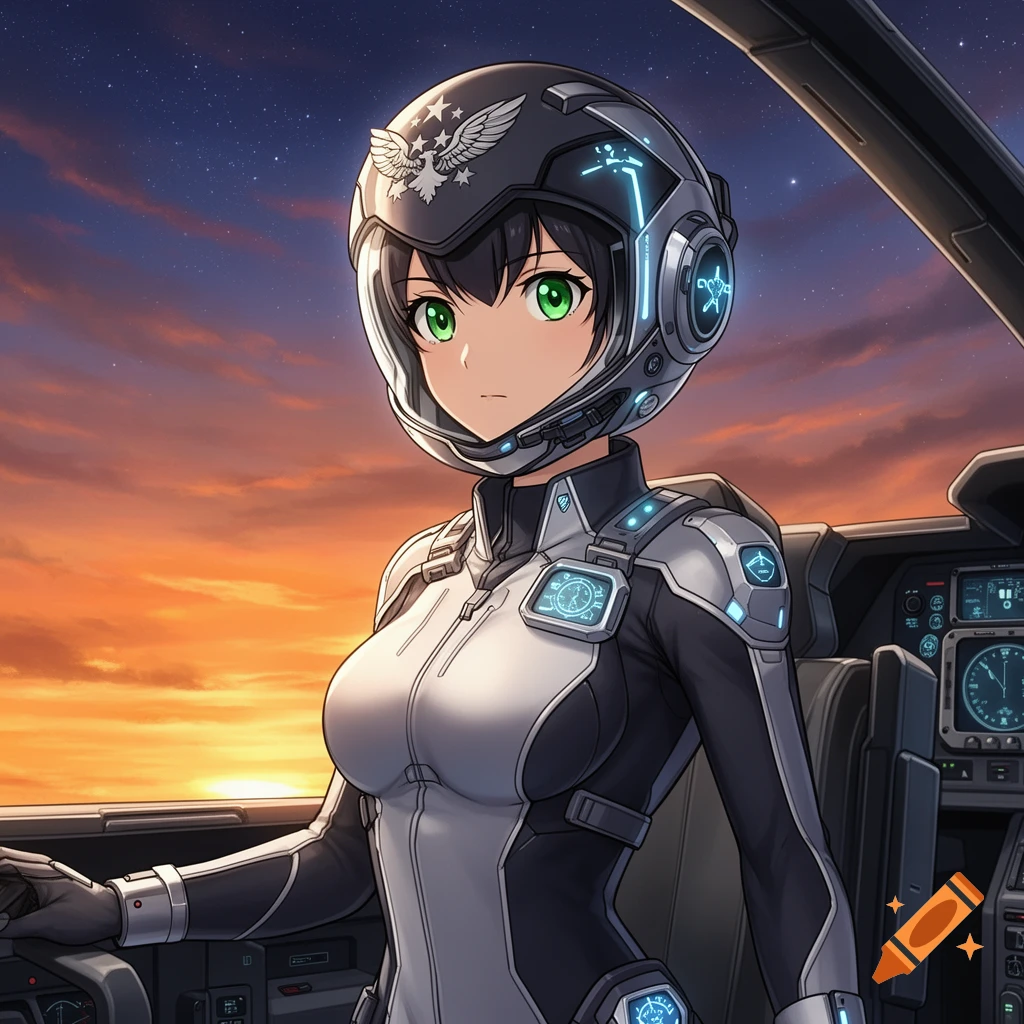 Anime female pilot with green eyes and black hair, wearing a grey and white futuristic suit and helmet, in a cockpit against a sunset sky.