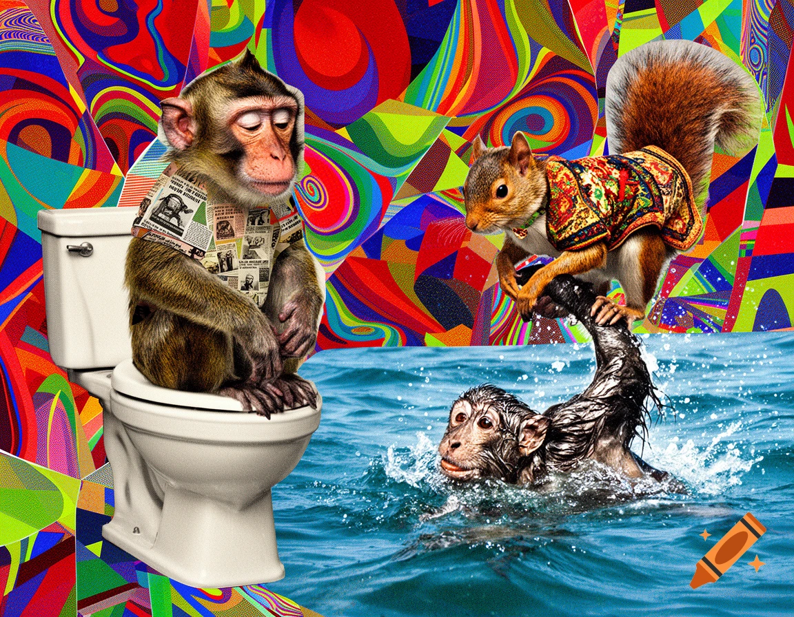 A surreal collage featuring a monkey sitting on a toilet, and a squirrel climbing another monkey in the blue sea, against a vibrant abstract background.