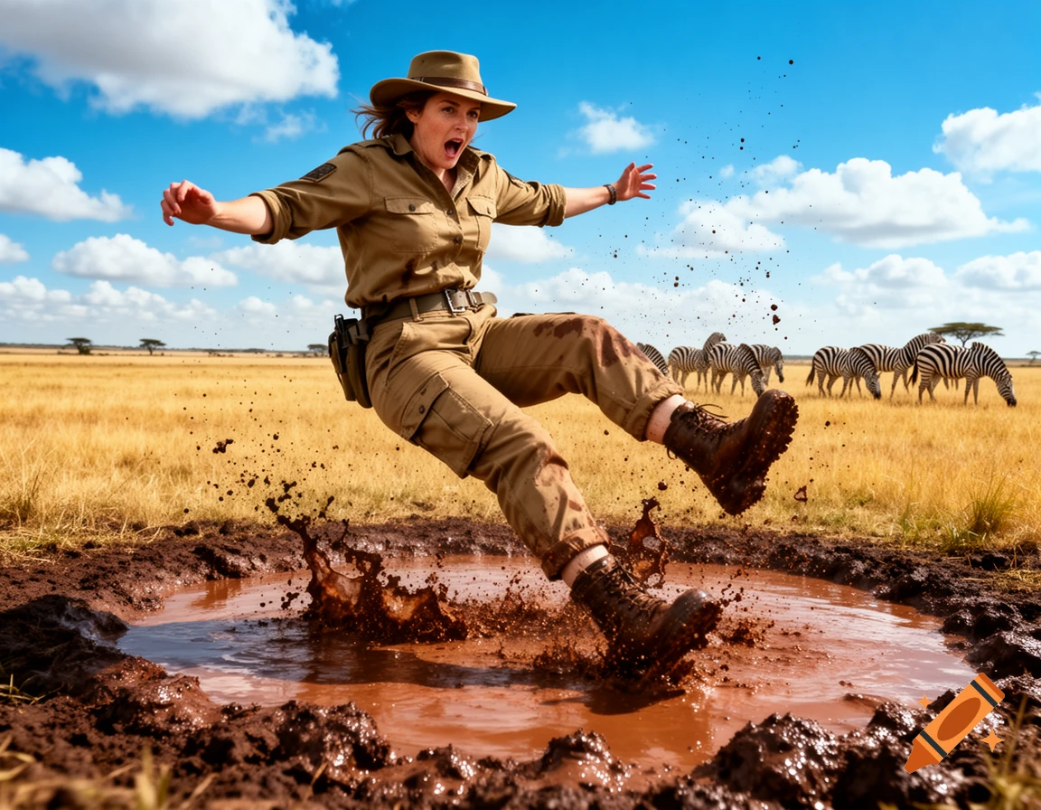 A woman in safari gear falls into a mud puddle, splashing, with zebras in a sunny savanna background.