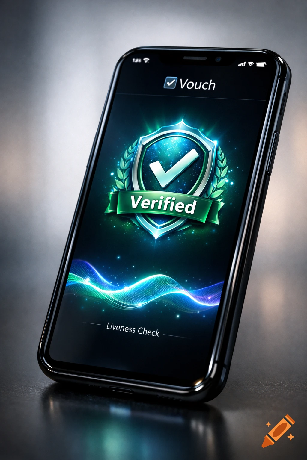 A photorealistic mockup of a smartphone displaying the 'Vouch' app with a 'Verified' badge and 'Liveness Check' indicator.