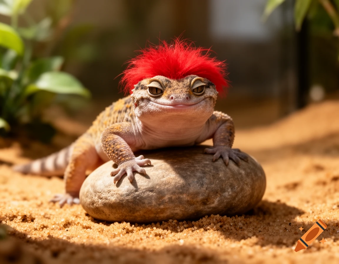 A cute leopard gecko with a red punk-style wig rests on a rock in a sandy enclosure, smiling slightly.