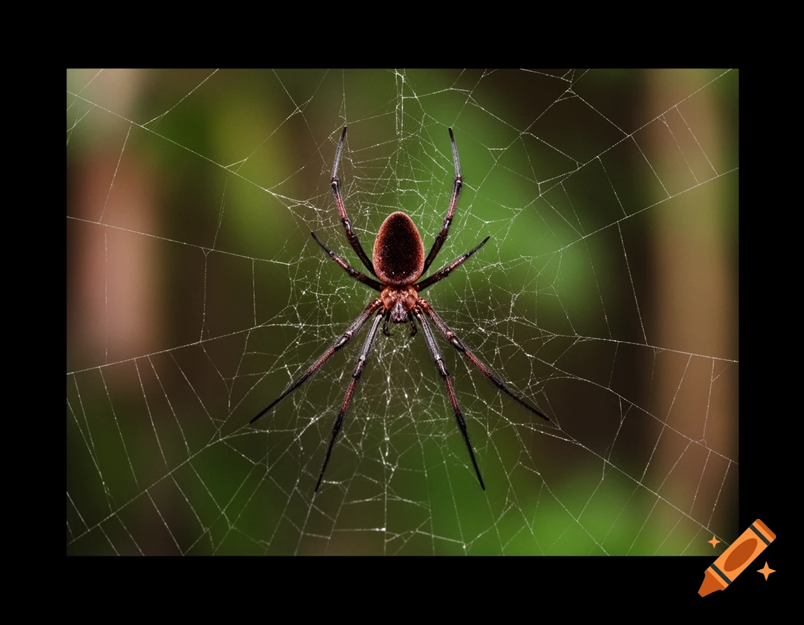 A large, reddish-brown spider with long, dark legs sits centered on its intricate white web against a blurred green background.