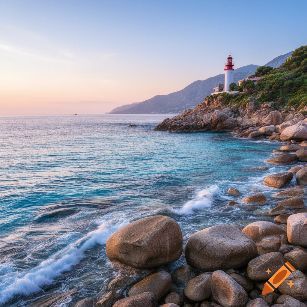 A lighthouse on a rocky coastline with turquoise waves, large boulders, and distant mountains under a pastel sky at sunset.
