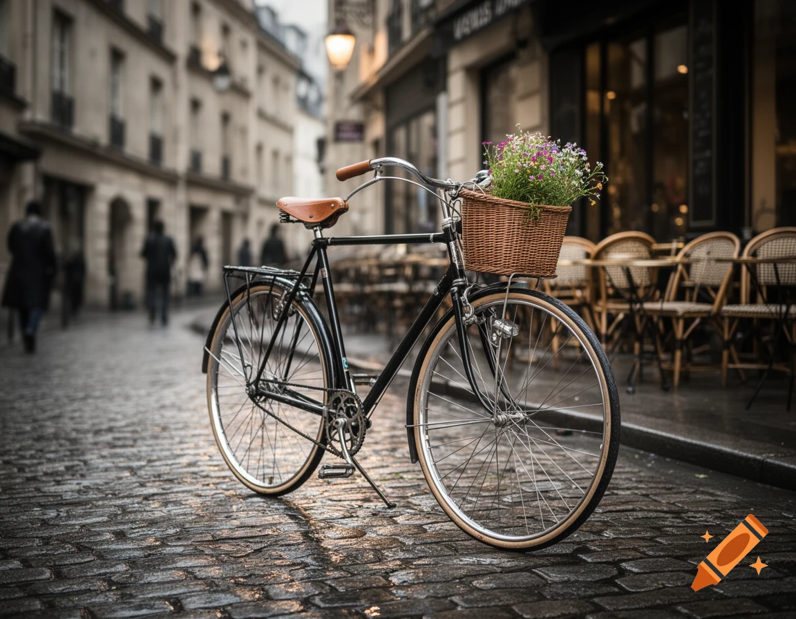 A vintage black bicycle with a brown leather seat and a wicker basket filled with flowers, parked on a wet cobblestone street in front of a cafe with outdoor seating and blurred buildings in the background, photorealistic style.