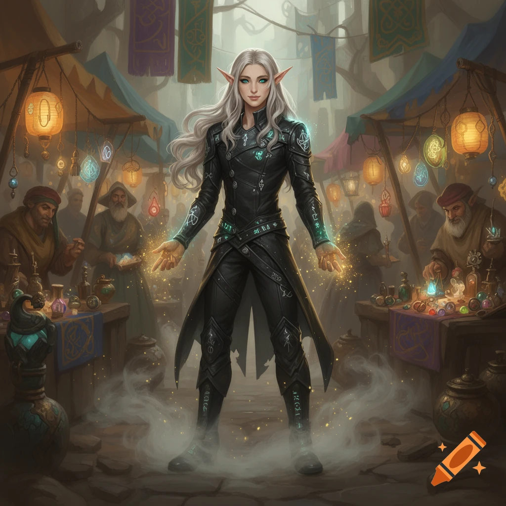 An androgynous half-elf with long white hair and glowing hands in a black leather coat stands in a bustling fantasy market at night.