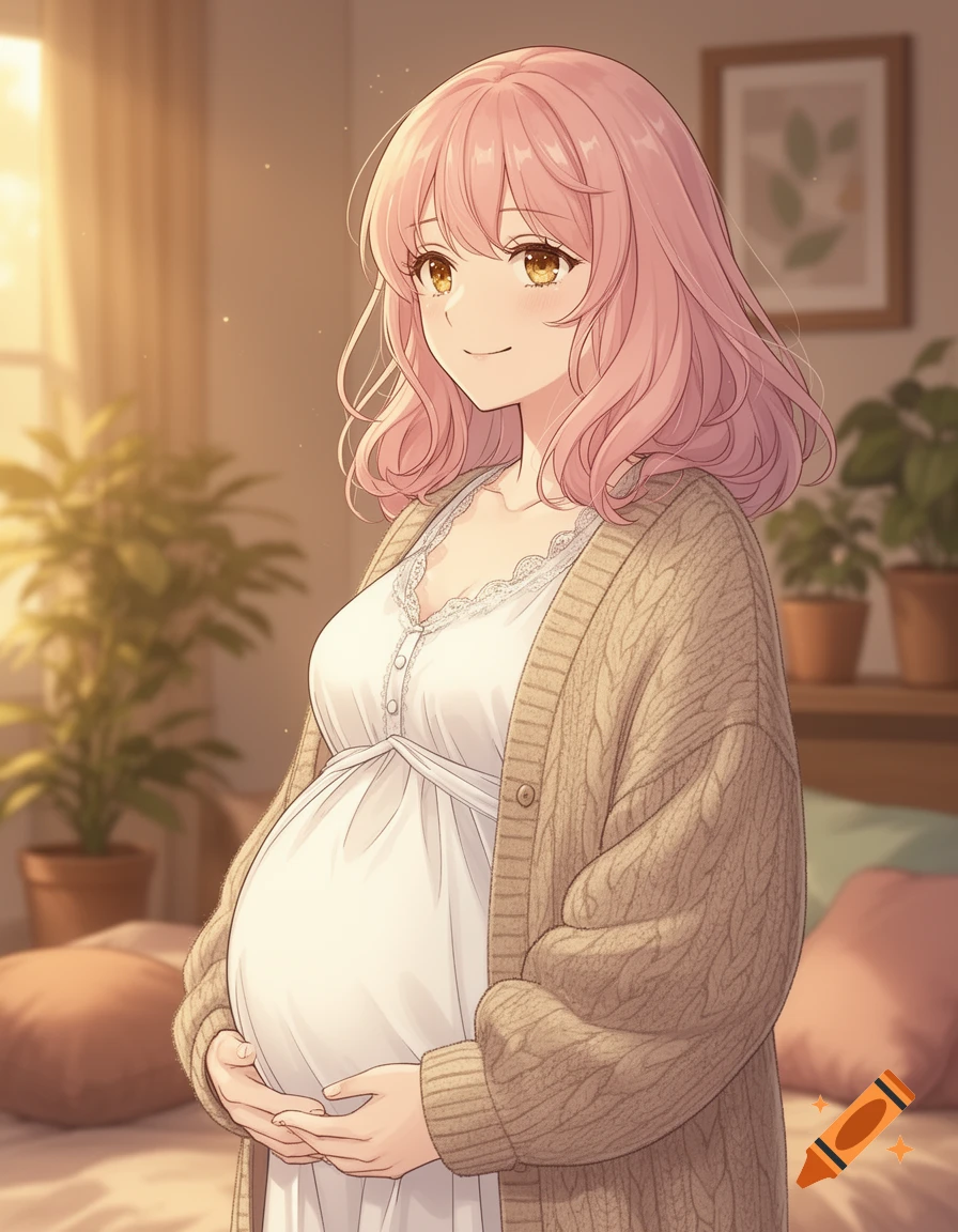 Anime style pregnant woman with pink hair wearing a white dress and brown cardigan, gently holding her belly in a warm room.