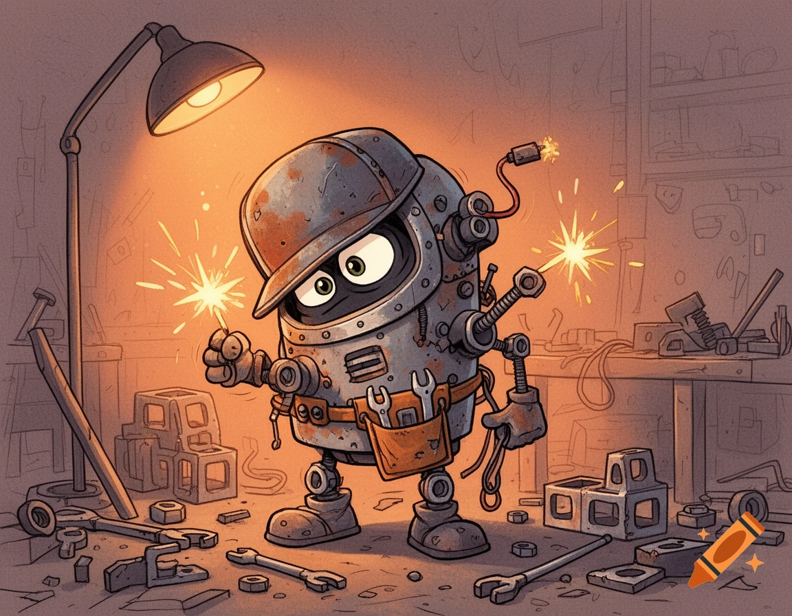 A cartoon robot wearing a cap and tool apron welds with sparks flying in a cluttered, dimly lit workshop.