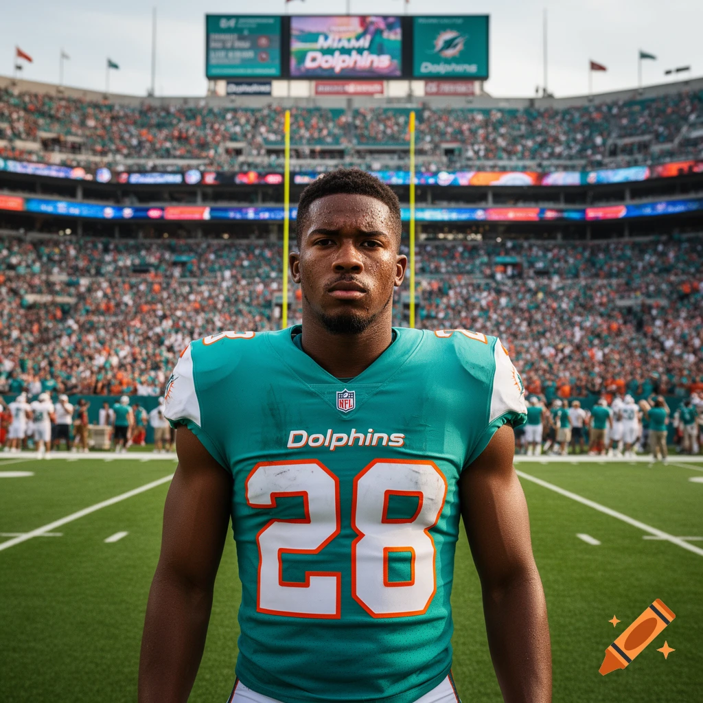A photorealistic image of a football player in a teal jersey with number 28 standing on a field in a stadium.