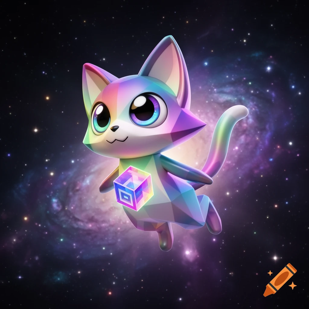 A cute, rainbow-colored, geometric cat-like creature with big eyes floats in space, holding a glowing cube.