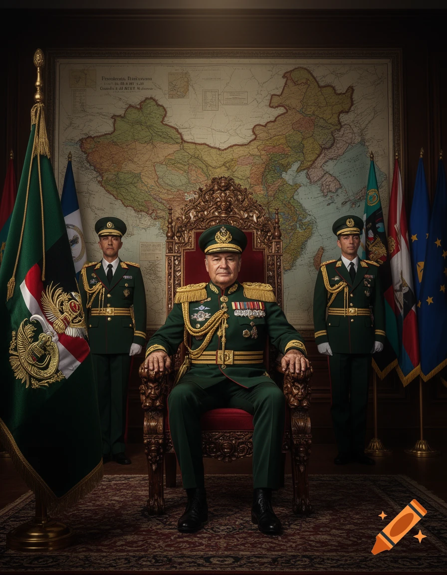 A powerful general in a dark green military uniform with gold embroidery sits on an ornate red and gold throne, flanked by two guards. A large map hangs behind him, and flags stand to his sides.