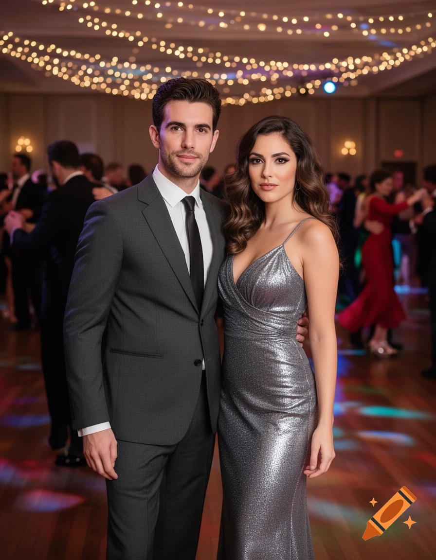 A man in a suit and a woman in a silver dress pose at a formal dance with string lights overhead, photorealistic style.