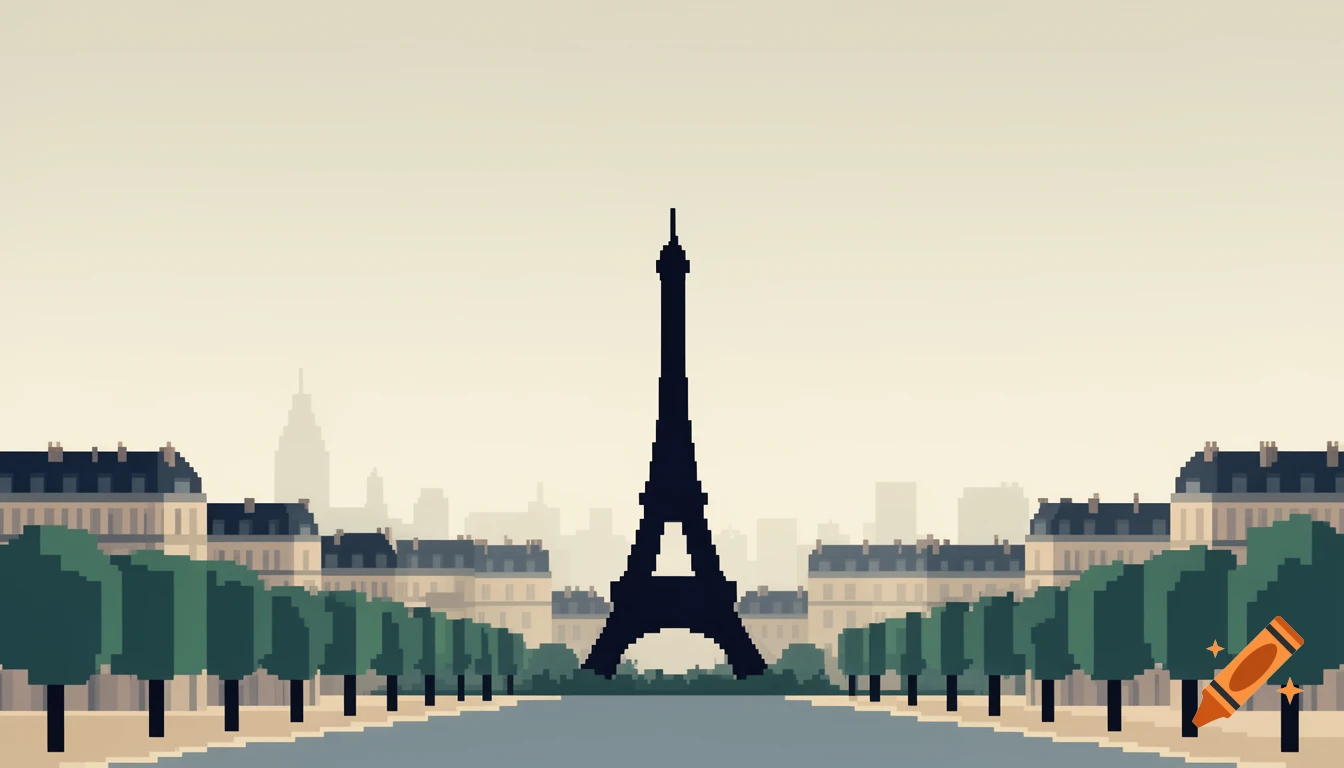 Pixel art cityscape of Paris with the Eiffel Tower centered, flanked by avenues of trees and classic buildings under a pale sky.