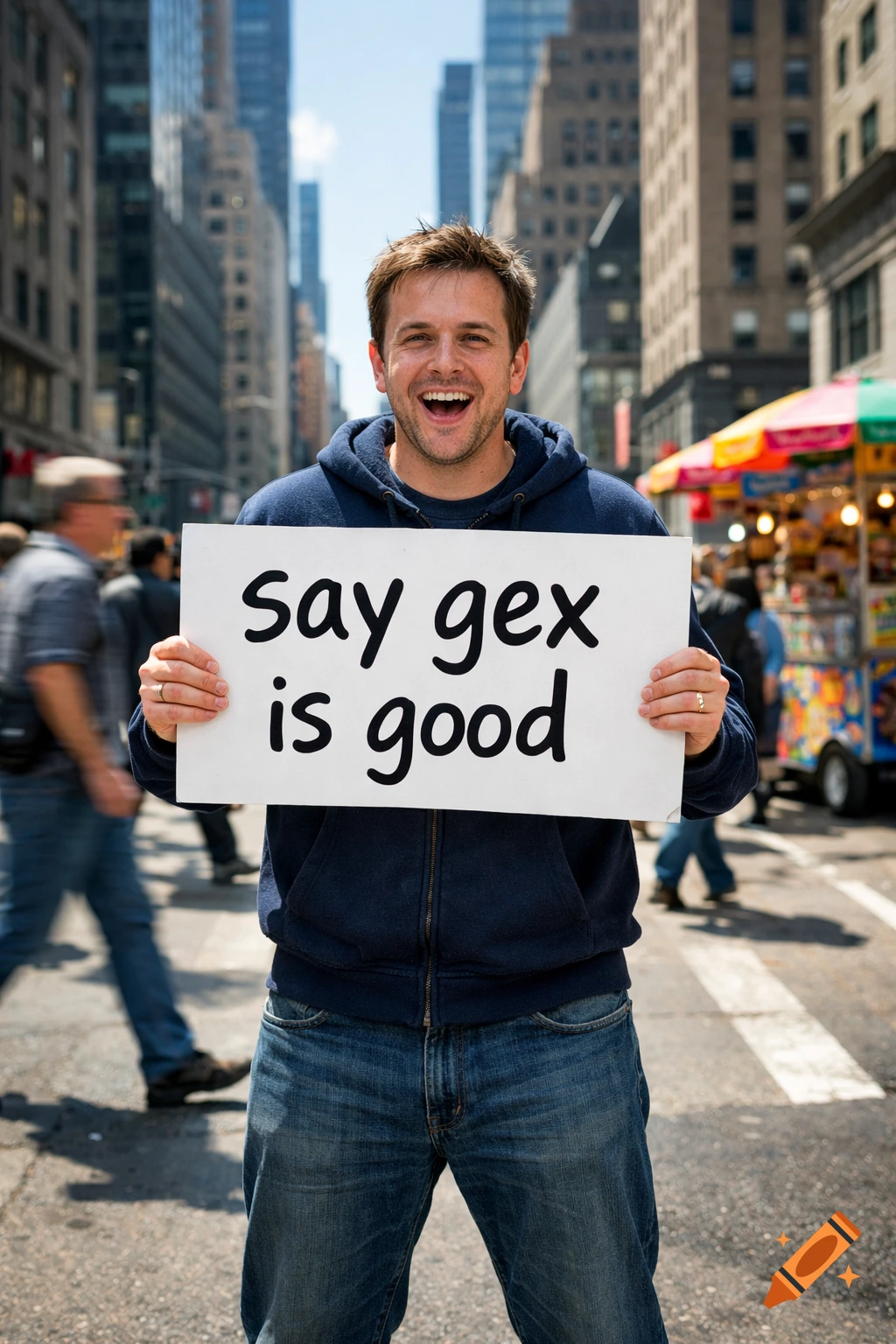 A smiling man holds a sign reading 'say gex is good' on a bustling city street.