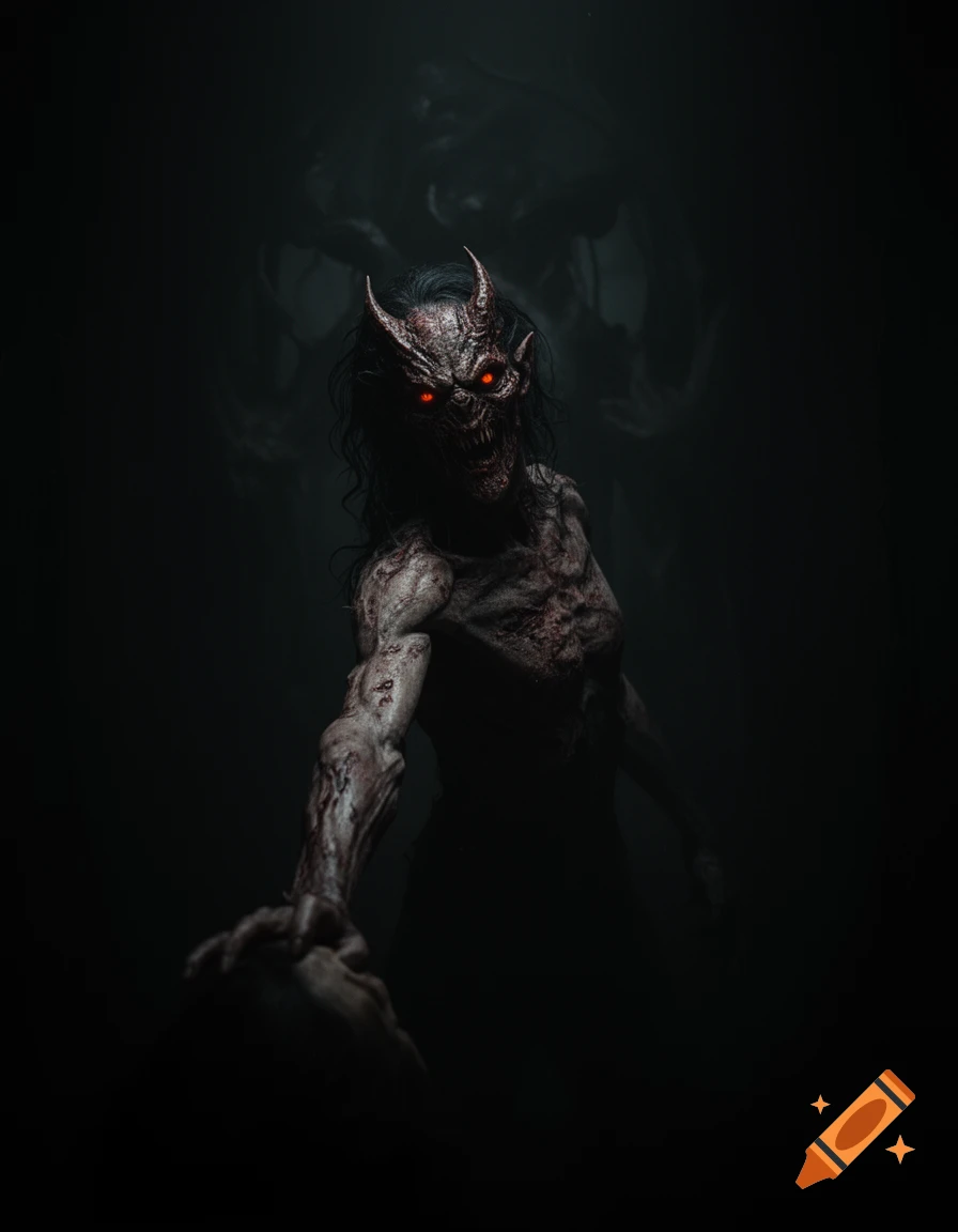 A creepy, gaunt demon with red glowing eyes and horns reaches out from a dark, smoky background.
