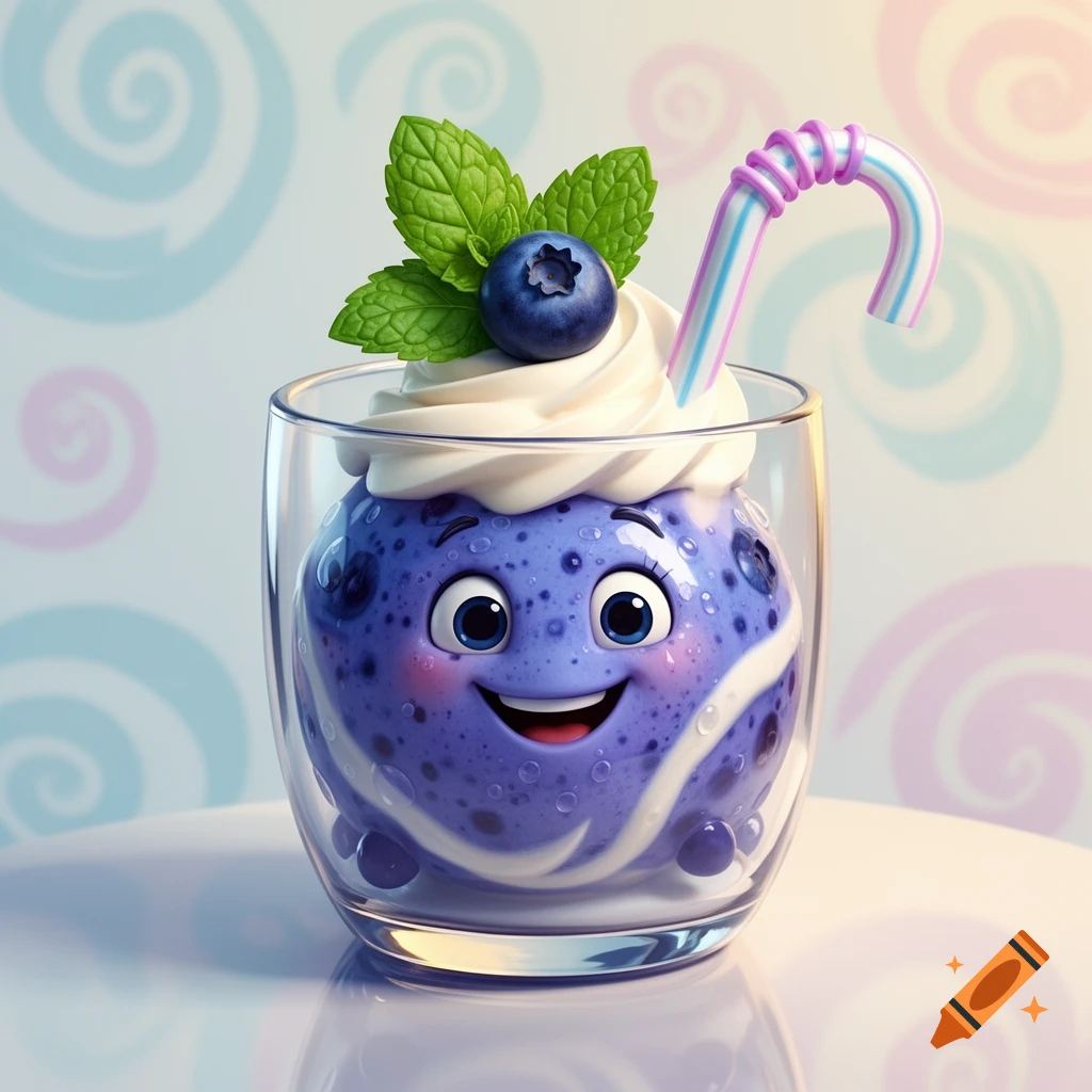 A cute, happy blueberry smoothie character in a glass, topped with whipped cream, a mint leaf, a blueberry, and a striped straw.