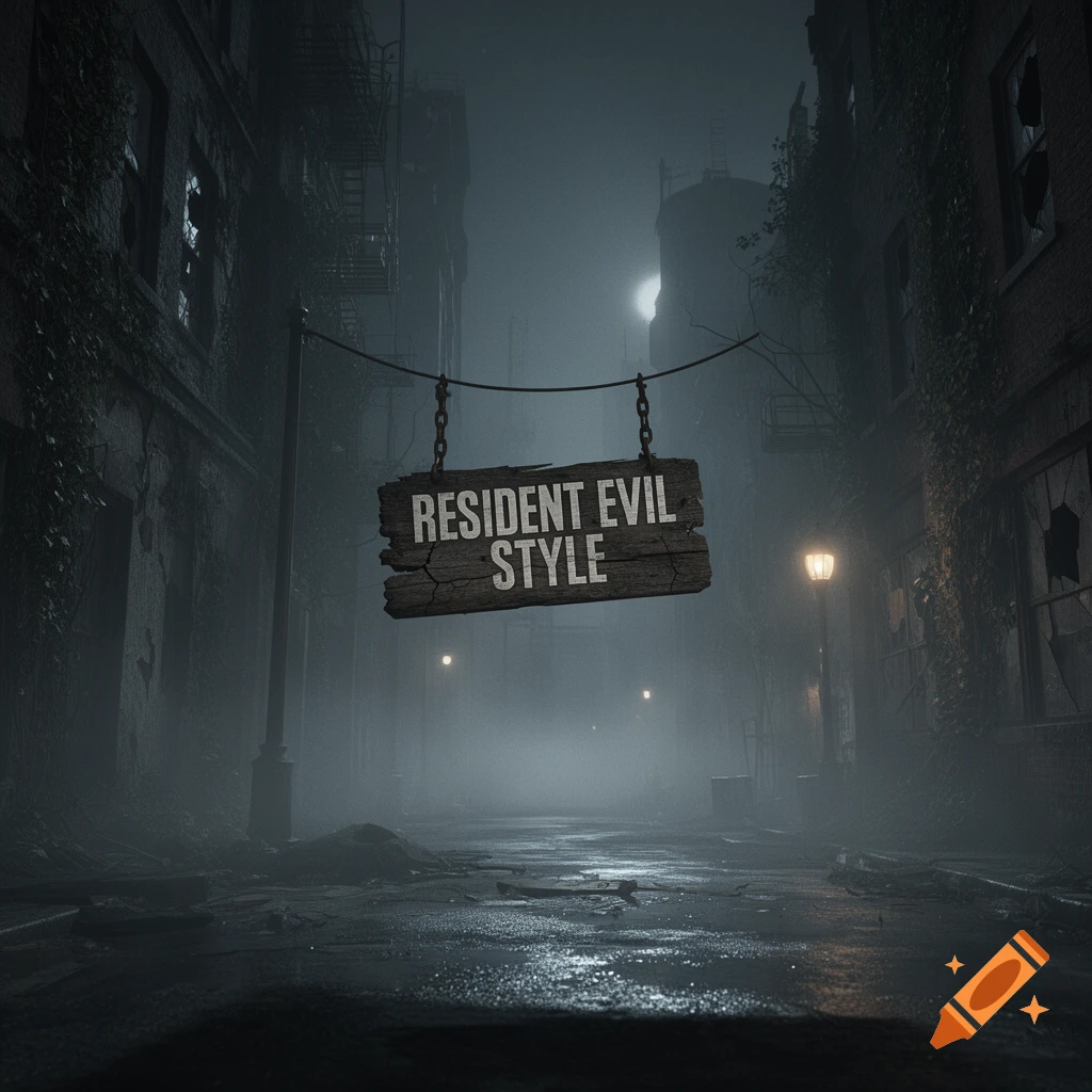 A dark, foggy urban street at night with abandoned buildings and a hanging wooden sign reading 'RESIDENT EVIL STYLE'.