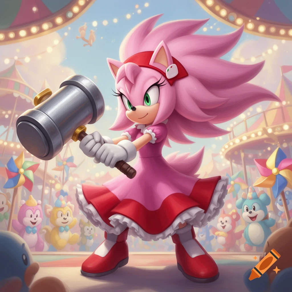 Amy Rose, a pink anthropomorphic hedgehog, holds a large hammer in a vibrant cartoon carnival scene with tents and plush toys.
