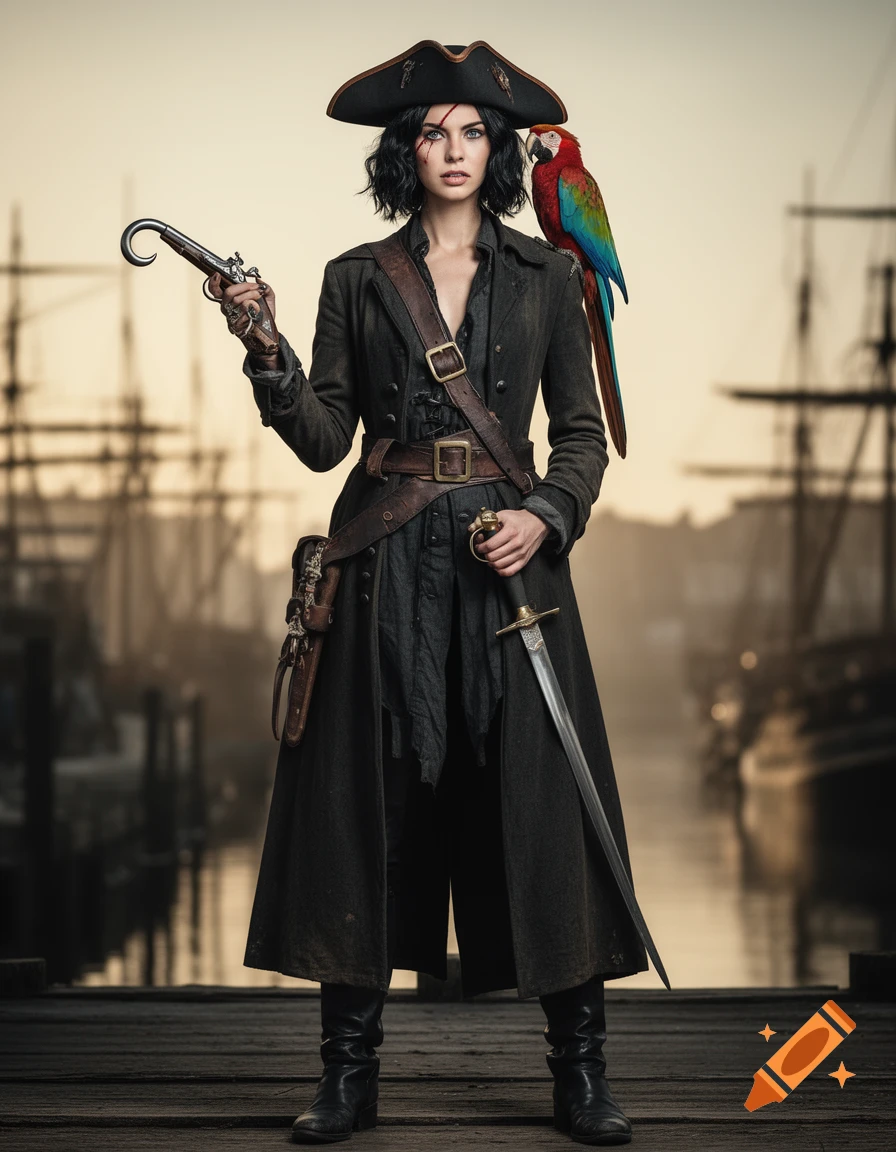 A female pirate in a long coat, tricorne, and boots stands on a dock, holding a hook and pistol, with a sword and a parrot on her shoulder. Photorealistic.