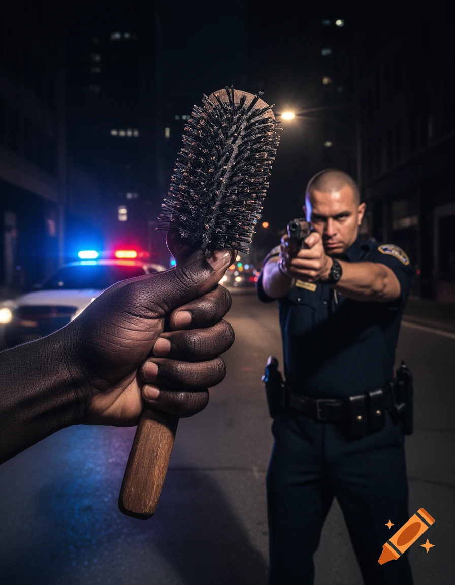 Close-up of a dark-skinned hand holding a hairbrush, with a police officer aiming a gun in the blurry background on a city street at night.