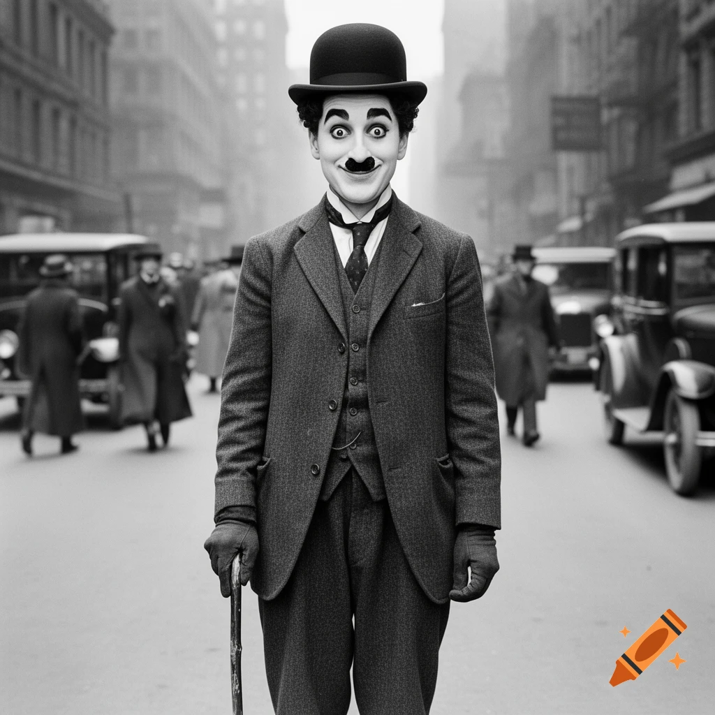 A man dressed as Charlie Chaplin's 'The Tramp' with a bowler hat and makeup, holding a cane on a black and white city street.