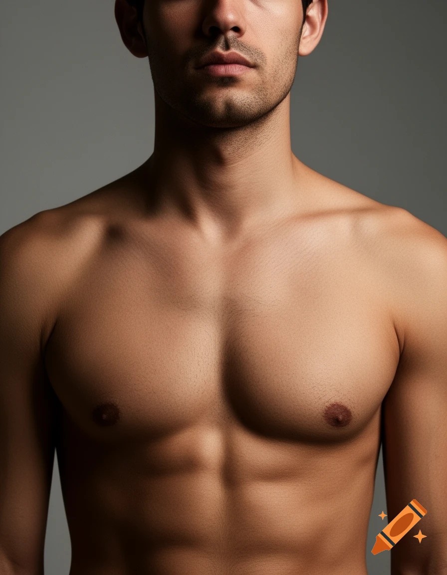 Close-up photorealistic shot of a man's bare chest, shoulders, and lower face against a gray background.