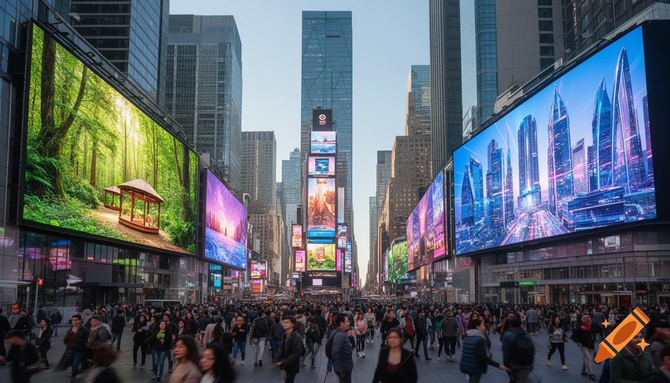 A busy street in a modern city, possibly Times Square, with large digital billboards displaying scenes of a forest and a futuristic city, and a crowd of people walking below.