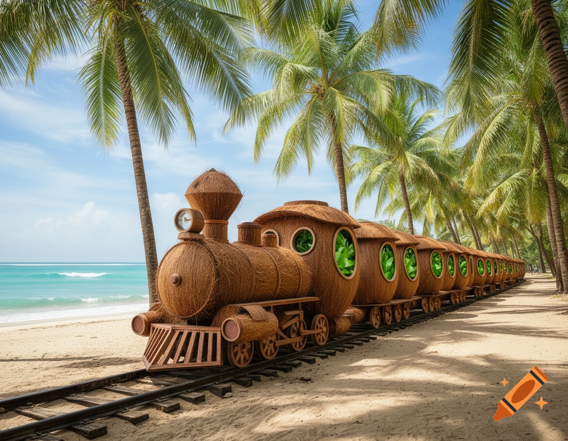 A whimsical train made of coconut fibers sits on a sandy beach ...