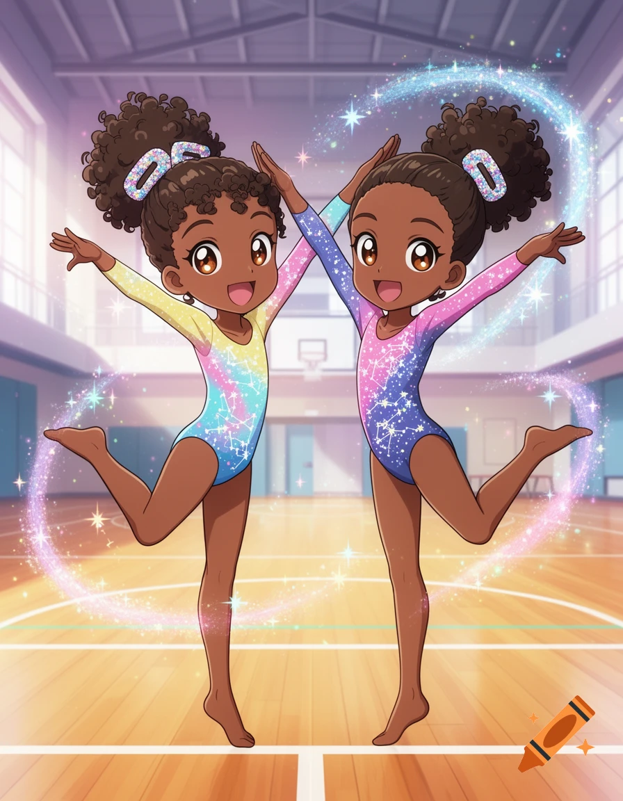 Two cute anime-style African girls in colorful leotards perform gymnastics poses with glitter effects in a gym.