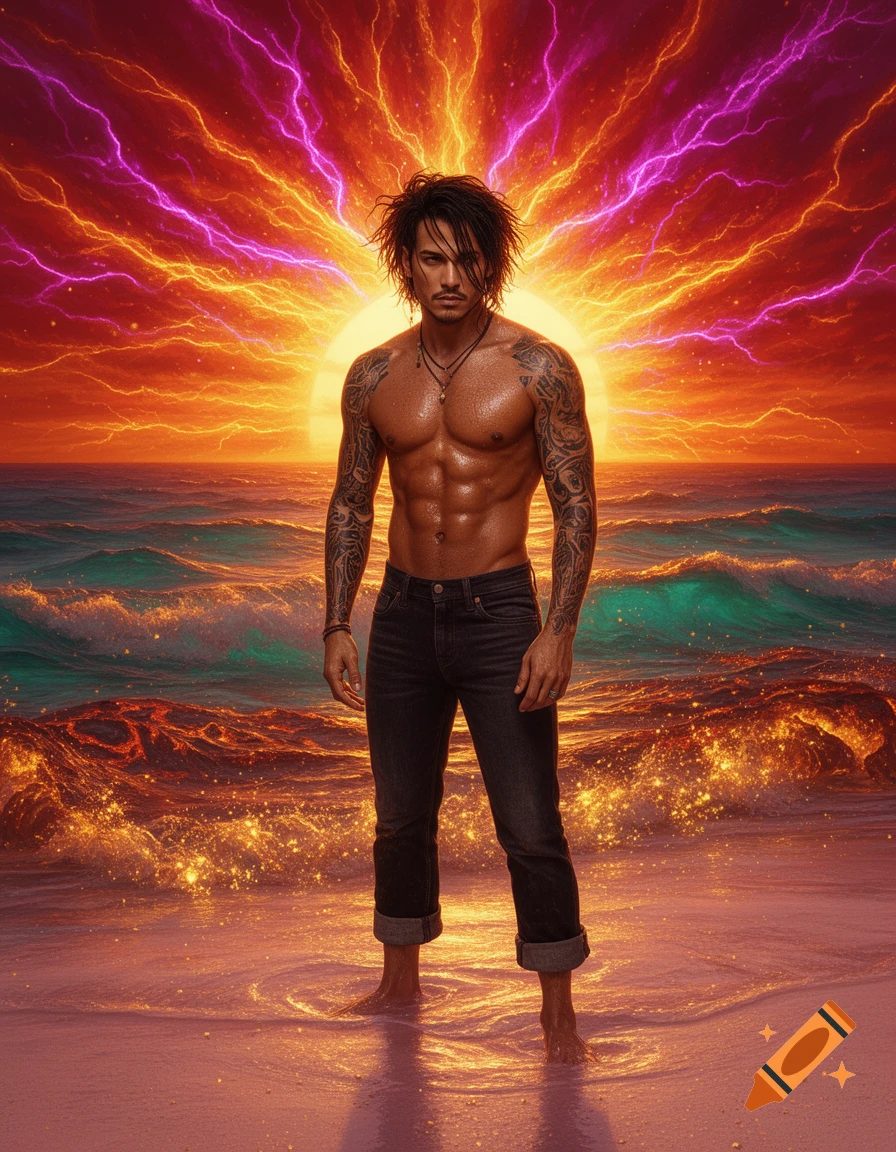 Muscular man with tattoos stands barefoot in glowing shallow water on a beach, against an epic fiery sunset with lightning.