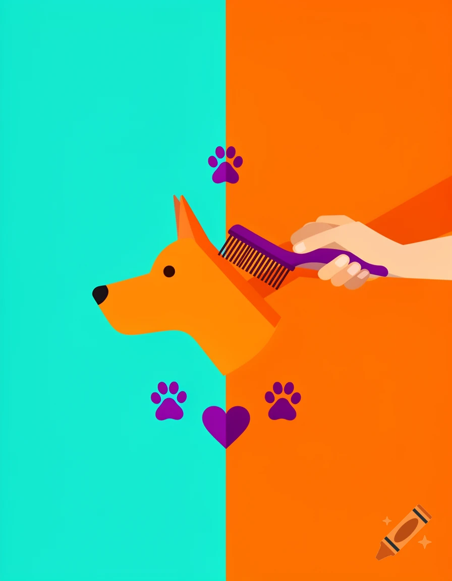 Minimalist flat design poster of an orange dog's head being brushed, set against a turquoise and orange background with purple paw prints.