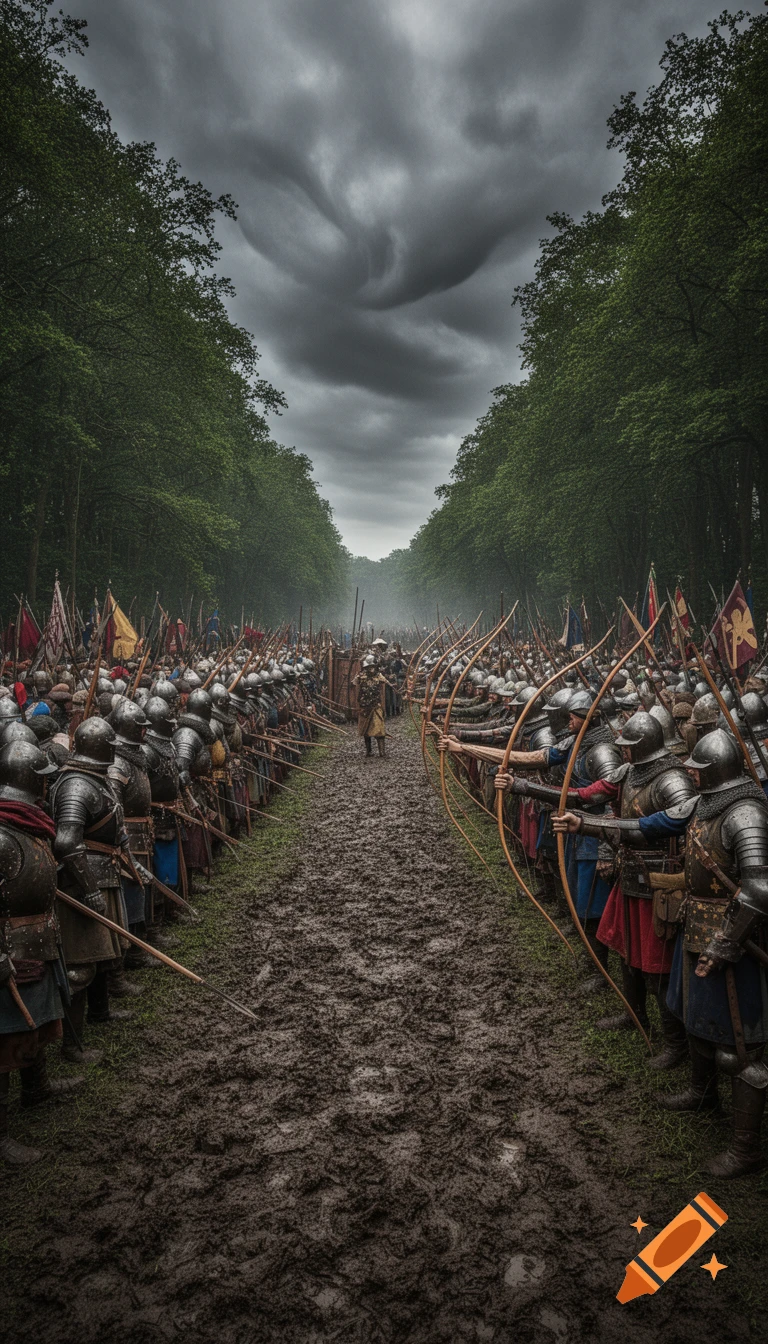 English army archers line a muddy battlefield between woods, ready for combat under a dramatic cloudy sky. Ultra realistic.