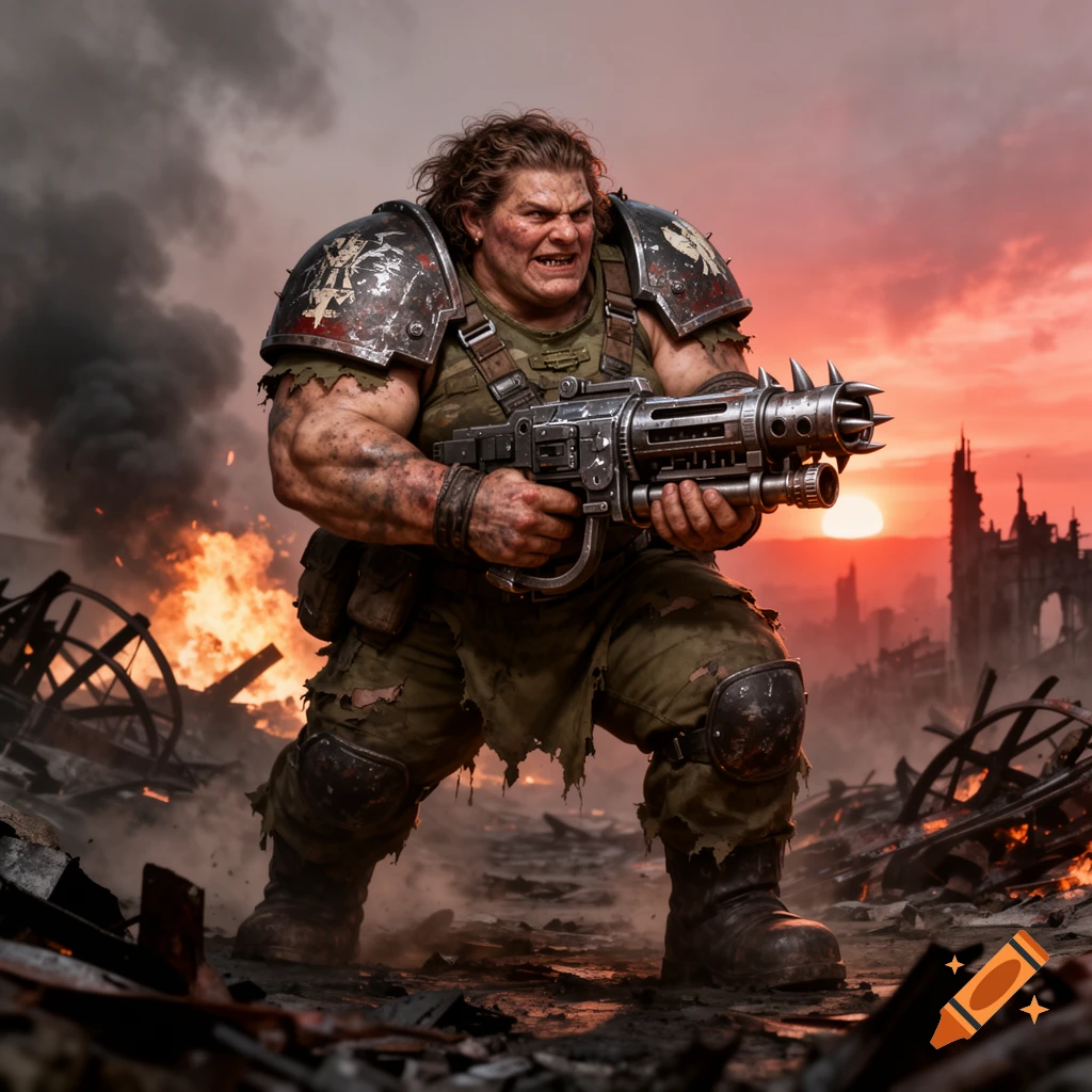 A muscular female Ogryn with a spiked gun stands aggressively in a war-torn city at sunset, surrounded by fire and smoke.