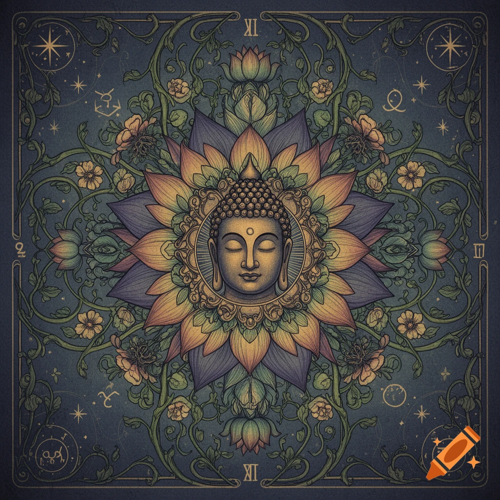 An elaborate mandala features a golden Buddha head centered within a multi-layered lotus, surrounded by intricate floral vines and celestial or astrological symbols on a dark background.