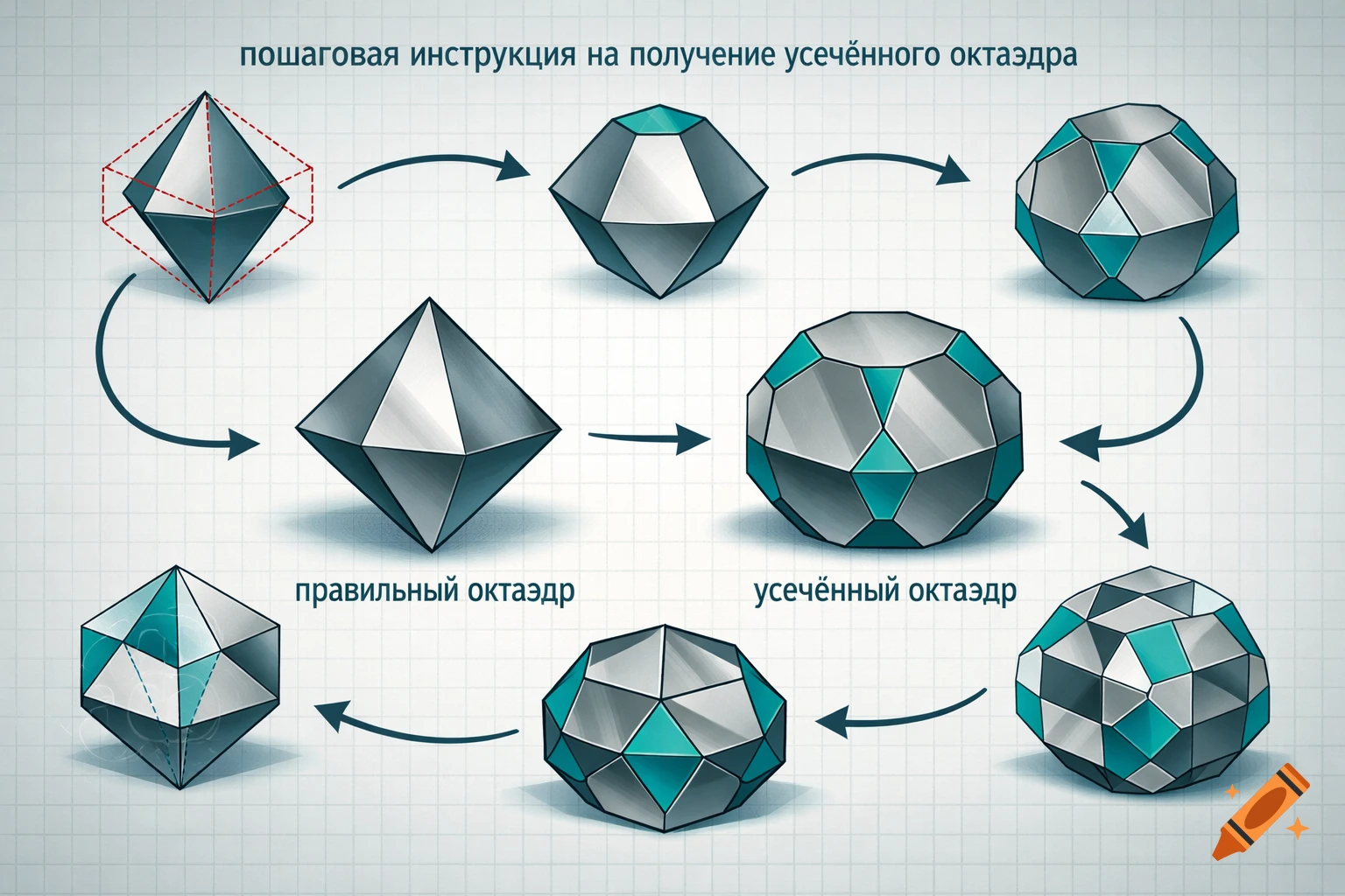A step-by-step diagram illustrating the transformation of a regular octahedron into a truncated octahedron, with Russian labels.