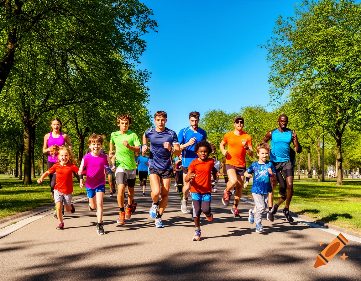 A diverse group of adults, teenagers, and children running a race on a paved path in a sunny park.