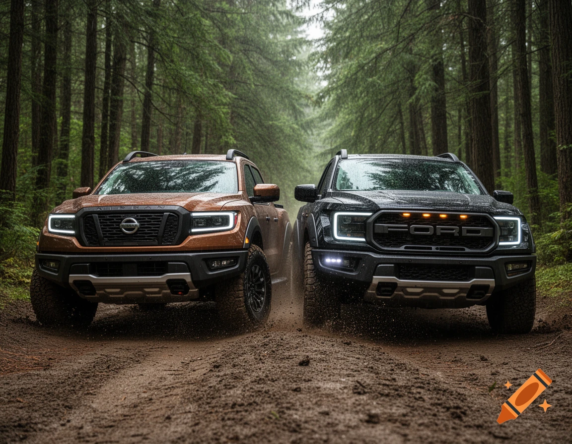 A brown Nissan truck and a black Ford truck drive side-by-side on a muddy forest path, splashing water in a photorealistic style.
