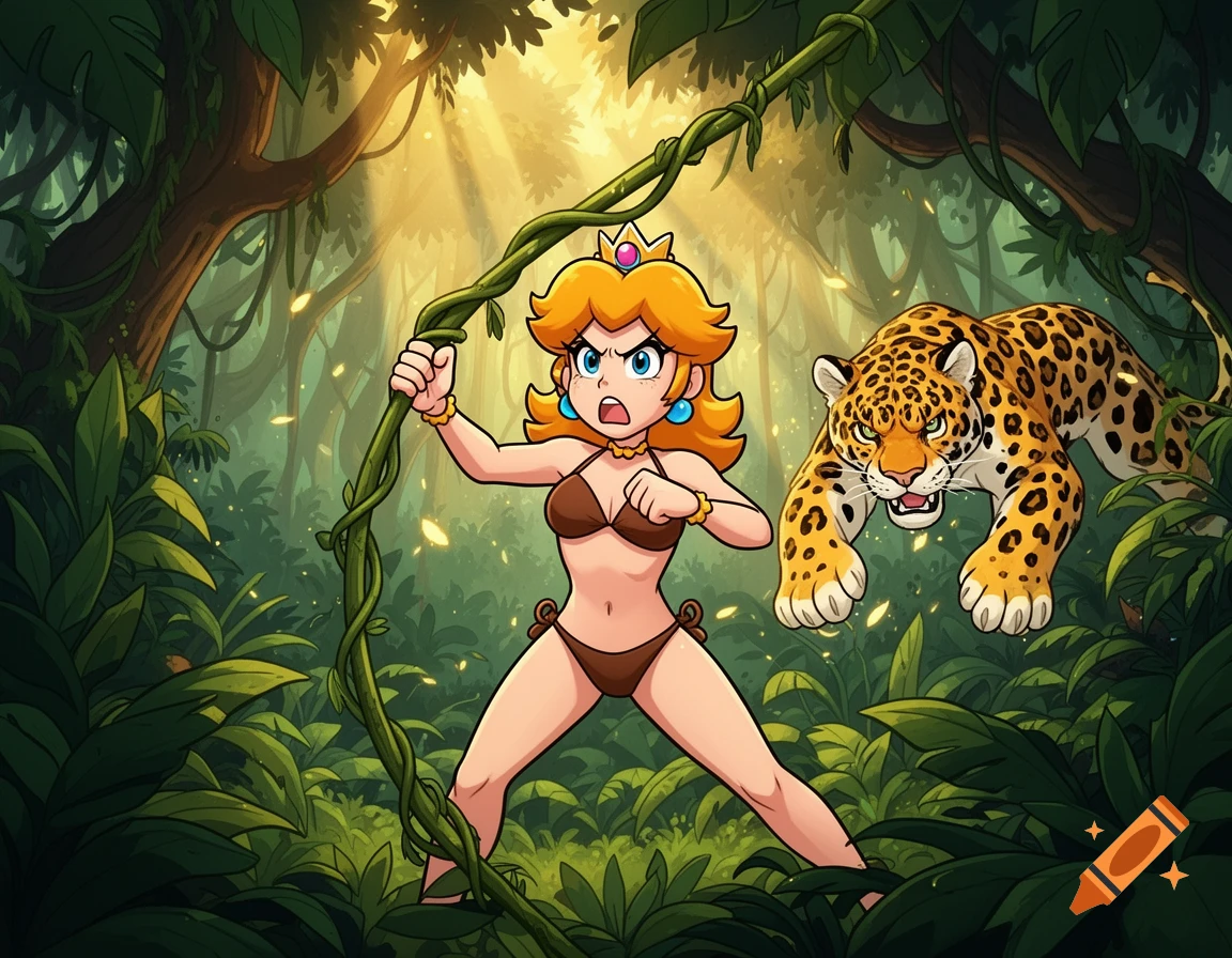 Cartoon Princess Daisy in a brown bikini swings on a vine, escaping a fierce leopard in a sunlit jungle.