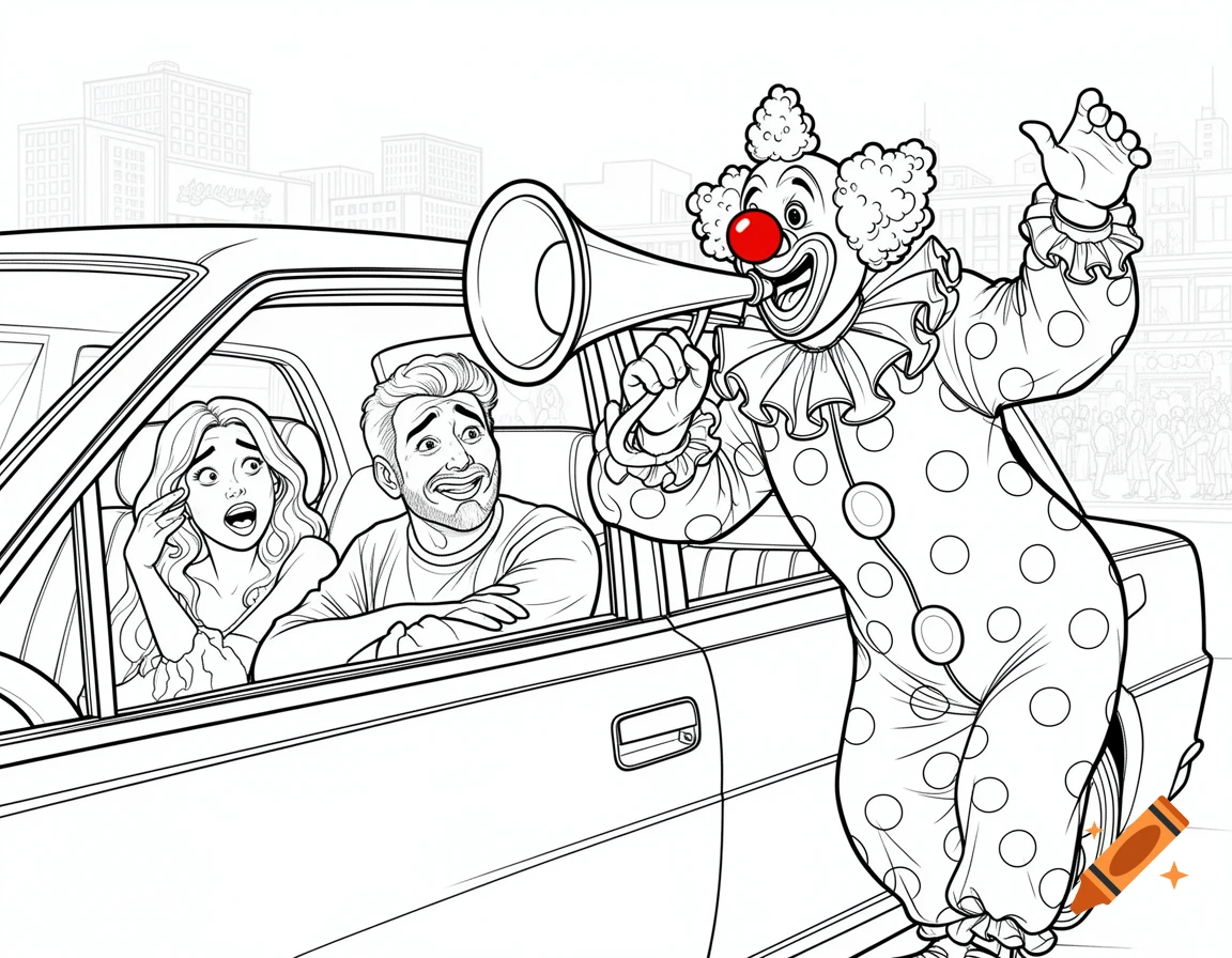 A clown with a megaphone leans into a car window, surprising a couple inside, in a black line art coloring page style.