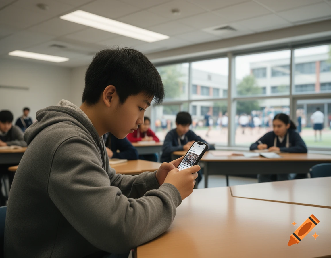 A teenage boy in a grey hoodie looking at his phone in a bright classroom, with other students and windows in the background.