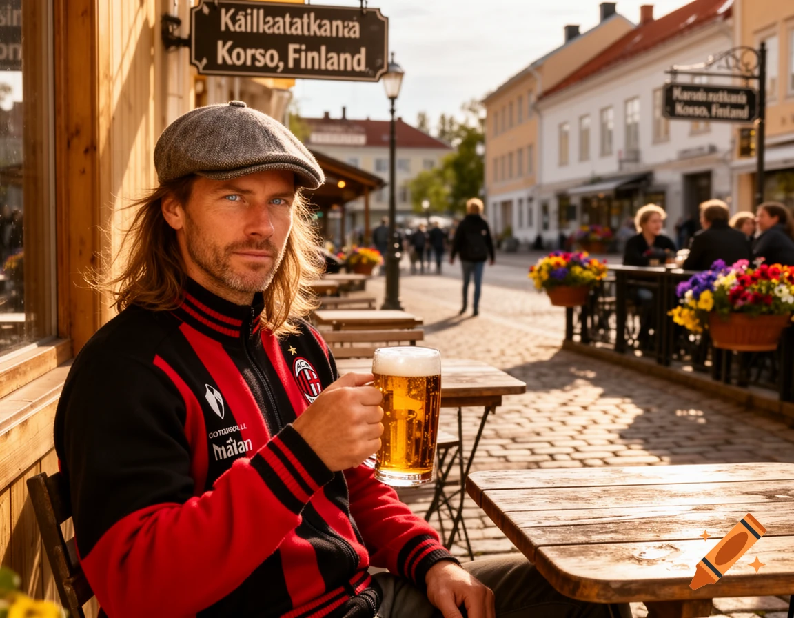 A long-haired man in a flat cap and an AC Milan jacket sips a beer at an outdoor cafe in Korso, Finland.